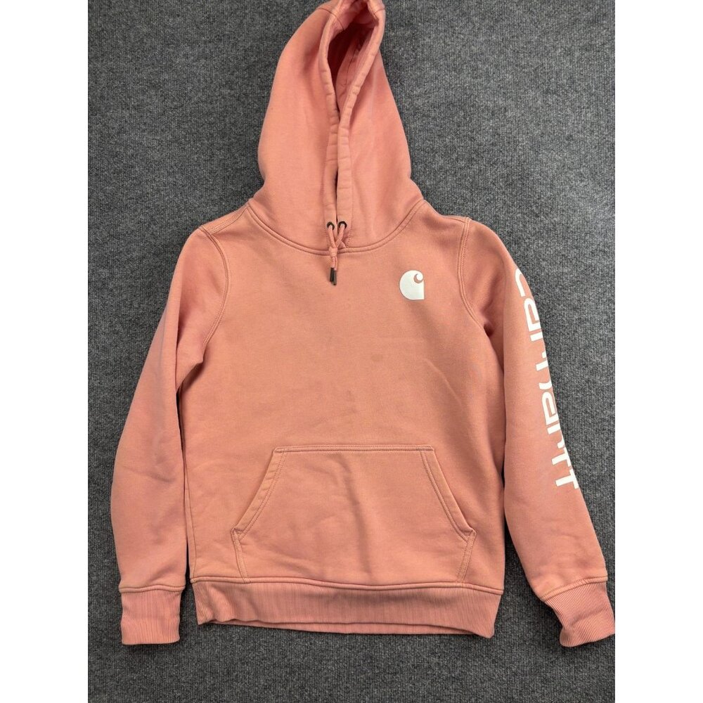 Carhartt Hoodie Womens S Pink Fleece Pullover Logo Kangaroo Pocket Sweatshirt